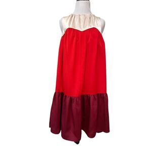 Paper London Womens Satin Dress 8 Red Cream Colorblock Ruffle Feminine Event